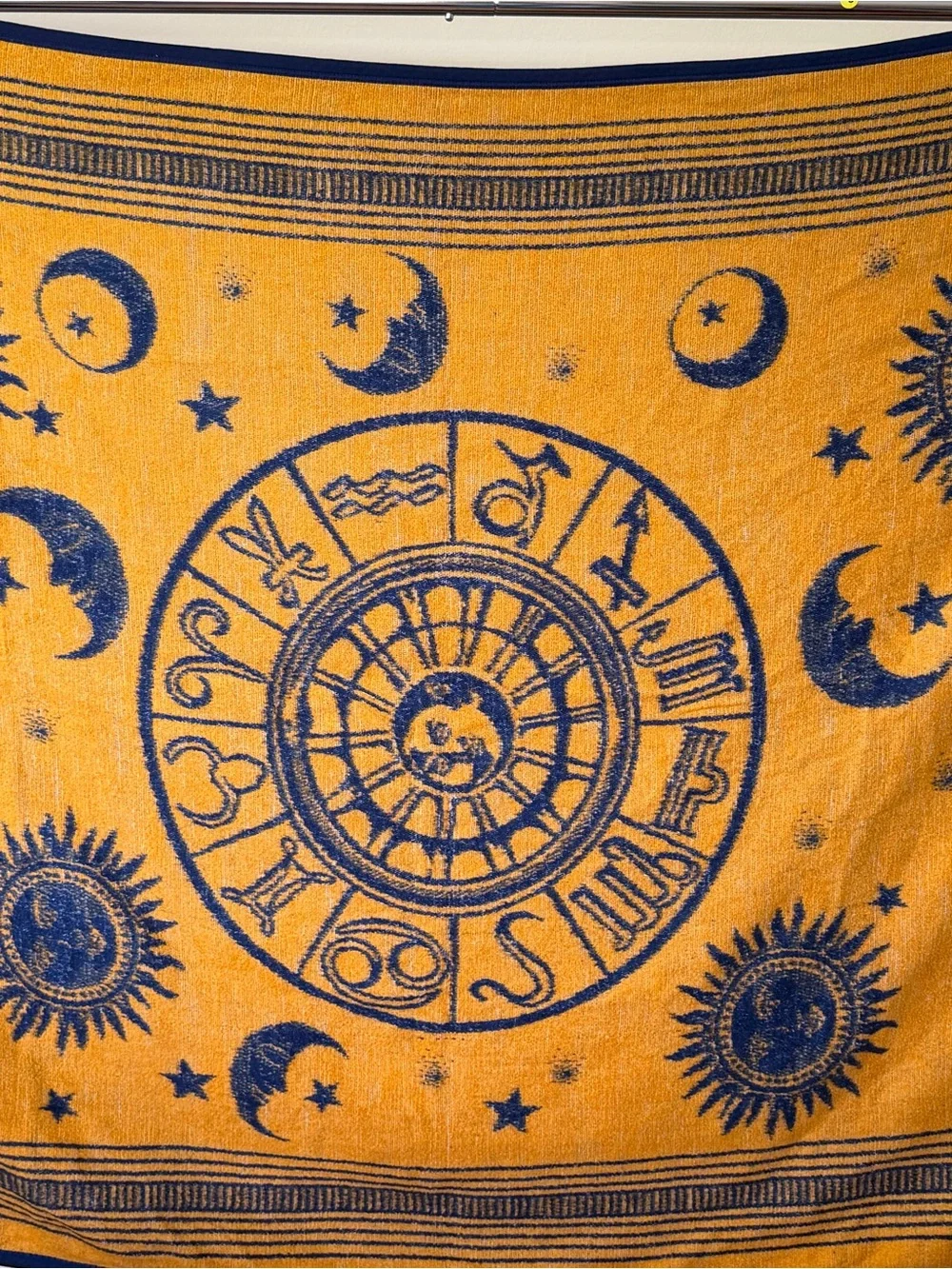 Celestial Zodiac Sun Moon Stars Woven Throw Blanket Mustard Yellow Blue